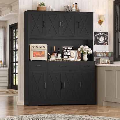 HOSTACK 71" Tall Pantry Cabinet with Charging Station, 55" Wide Kitchen Pantry Storage Cabinet with Countertop, Large Kitchen Hutch with Storage Drawers for Dining Room, Black Wood Grain