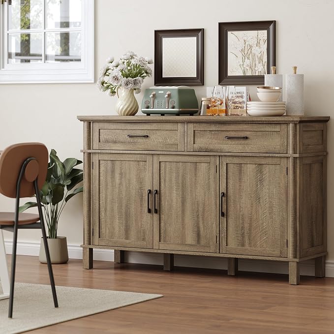 ONBRILL 55 Inch Buffet Cabinet with Storage, Farmhouse Sideboard Buffet w/2 Drawers and 3 Doors, Coffee Bar Cabinet with Adjustable Shelves, Sideboard Storage for Kitchen, Living Room, Washed Grey