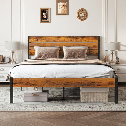 OLIXIS Queen Platform Bed Frame with Wooden Headboard and Footboard, Heavy Duty Metal Slat Mattress Base, 800 LBS Weight Capacity, Sturdy Stable Structure, No Box Spring Needed, Quick Simple Assembly