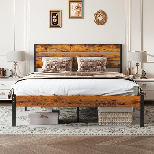 OLIXIS Queen Platform Bed Frame with Wooden Headboard and Footboard, Heavy Duty Metal Slat Mattress Base, 800 LBS Weight Capacity, Sturdy Stable Structure, No Box Spring Needed, Quick Simple Assembly