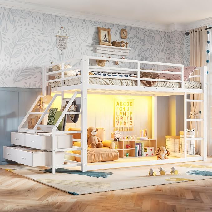 Bellemave Twin Over Twin Bunk Bed with Storage Shelves & 4 Drawers,Heavy Duty Metal Bunk Bed for Teens with LED Lights, Low Bunk Beds for Kids with Guardrails & Ladder, No Box Spring Needed, White
