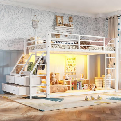 Bellemave Twin Over Twin Bunk Bed with Storage Shelves & 4 Drawers,Heavy Duty Metal Bunk Bed for Teens with LED Lights, Low Bunk Beds for Kids with Guardrails & Ladder, No Box Spring Needed, White