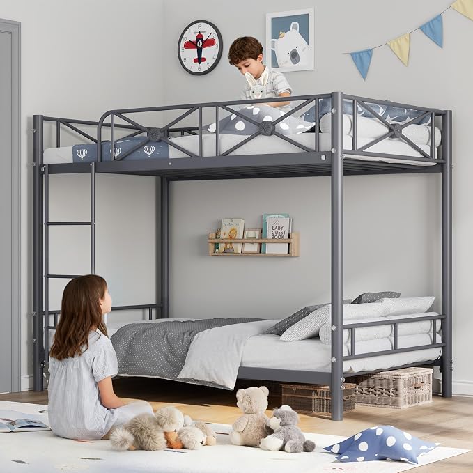 Garvee Metal Bunk Bed Twin Over Twin, Industrial Bunkbeds Heavy Duty Bed with Safety Guard Rails and Space-Saving Design, Steel Bed for School, Bedroom, Grey