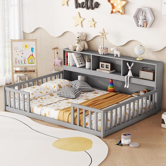 Bellemave Kids Montessori Floor Bed,Full Size Floor Bed with Bookcase and Shelves,Full Bed Frame with Guardrails for Kids,Girls,Boys,Full,Gray