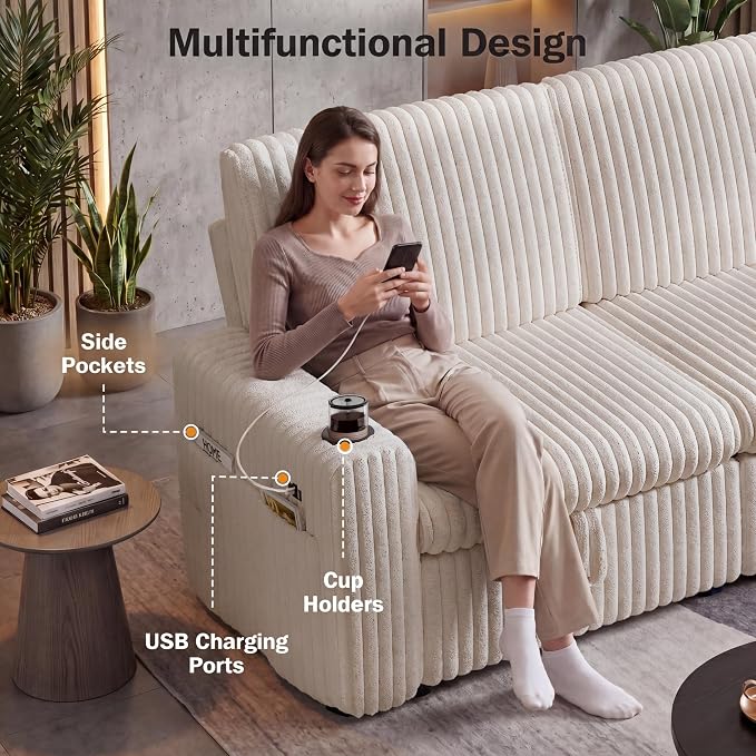 Vipbear 101" Sectional Sleeper Sofa with Pull Out Bed,5-Level Adjustable Backrest,3 Seat Modular Couch with Storage,Tool Free Assembly,USB & Cup Holders, Corduroy Sofa for Living Room,Beige