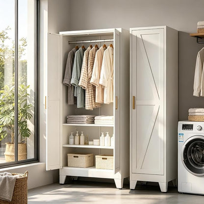 71" H White Armoire Wardrobe Closet,Metal Wardrobe Closet with Doors and Shelves,Tall Wardrobe Closet for Bedroom