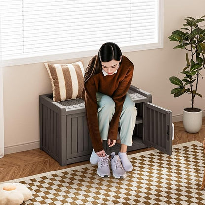 2-Tier Storage Bench, Waterproof UV-Resistant Outdoor Shoe Storage Cabinet with 2 Doors & Adjustable Shelves for Indoor Outdoor Entryway, Hallway, Living Room (Classic Grey)