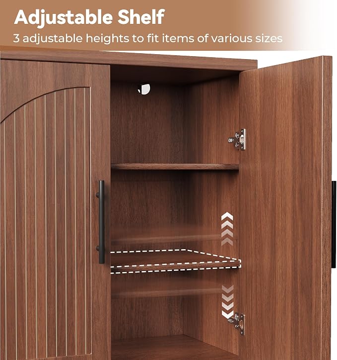 MapleGrace 31.5" Fluted Buffet Cabinet with Storage, Mid-Century Symmetrical Arched Sideboard Credenza with Adjustable Shelf, Large Wood Console Table for Dining Room, Kitchen, and Living Room(Walnut)