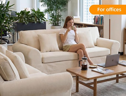 Mistpeople Modern Loveseat Sofa Couch, Upholstered Comfy Sofa with Pillows & Armrests, Deep Seating Couch with Removable Cover for Living Room Bedroom Apartment Office Small Spaces, Beige 3 Seats