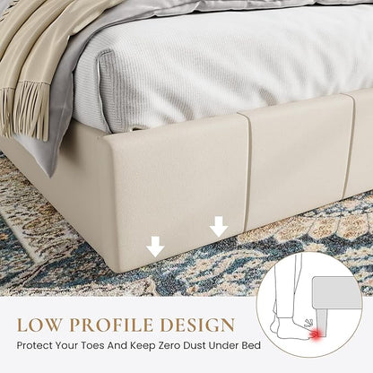 SHA CERLIN King Size Bed Frame, Dutch Velvet Upholstered Platform Bed, Vertical Channel Tufted Adjustable Headboard, Low Profile Bed Frame, No Box Spring Needed, Easy Assembly, Cream