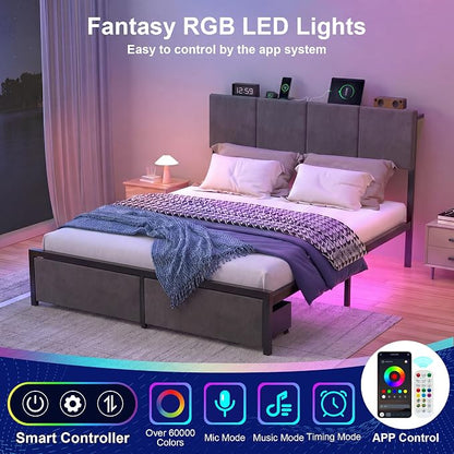 J.Fkne Full Bed Frame with Charging Station and LED Lights, Metal Platform Bed with 2 Storage Drawers, Upholstered Headboard, Noise Free, No Box Spring Needed, Easy Assembly