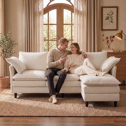 Convertible Sectional Sofa, 69" Small Cloud L-Shaped 3-Seat Couch with Movable Ottoman & Curved Armrest, Modern Chenille Fabric for Living Room, Apartment and Small Space, Beige