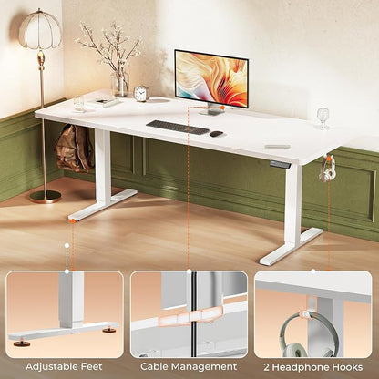 Huuger 71 x 30 Large Electric Standing Desk, Height Adjustable Computer Desk, 29.5" Deep Desktop, Stand up Gaming Office Table with 2 Hooks, 3 Preset Heights, for Home Office, White