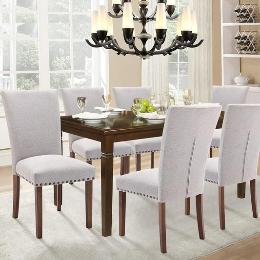 Parsons Dining Chairs Set of 2, Upholstered Nailhead Dining Room Kitchen Side Chair with Thick Cushions and Wood Legs, Light Grey