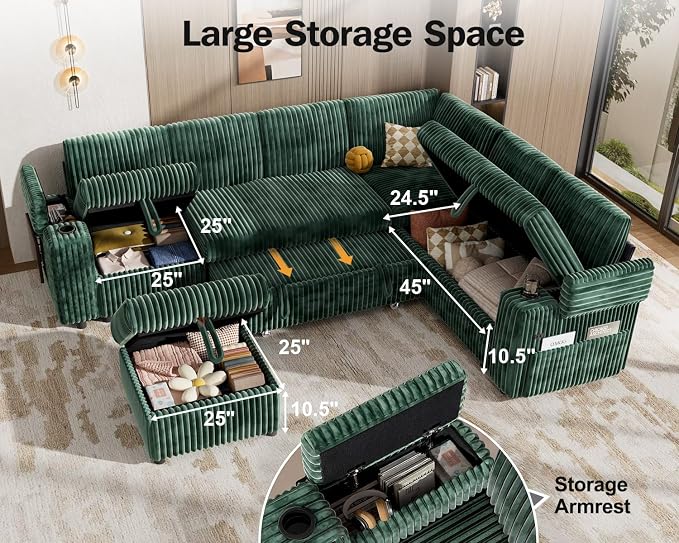 Vipbear 111" Modular Sectional Sleeper Sofa with Pull Out Bed, 7 Seat Corduroy L Shaped Couch with Ottoman|USB Ports|Cup Holders|Side Table|Storage Armrest, Tool Free Assembly, Green