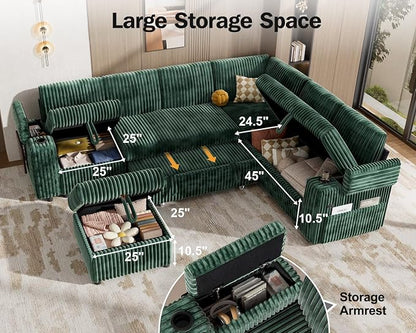 Vipbear 111" Modular Sectional Sleeper Sofa with Pull Out Bed, 7 Seat Corduroy L Shaped Couch with Ottoman|USB Ports|Cup Holders|Side Table|Storage Armrest, Tool Free Assembly, Green