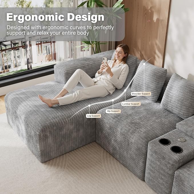 143" Oversized U Shaped Cloud Sectional Couches for Living Room, Comfy Fluffy Corduroy Grey Boneless Couch, Large Modular Sectional Sofa Set with Chaise, Cup Holder, USB Port, Storage Console