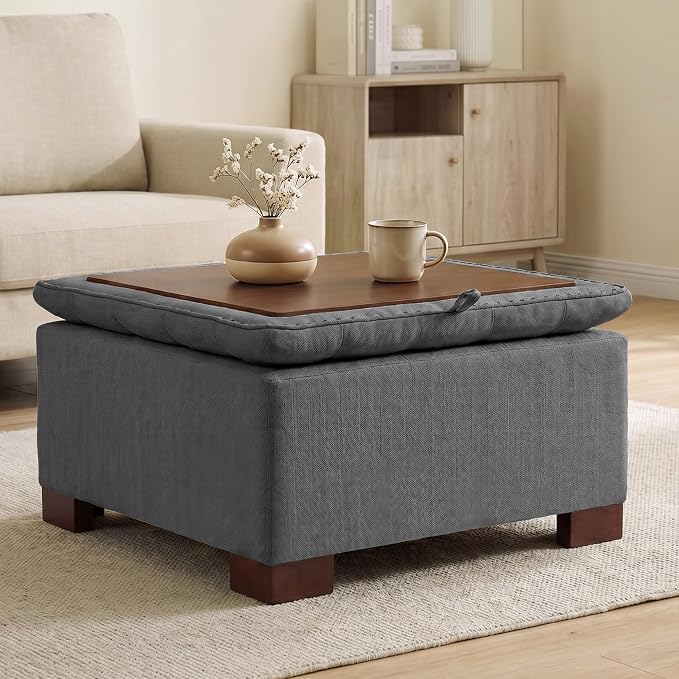 24 Inch Square Storage Ottoman Coffee Table, Modern Tufted Upholstered Ottoman with Flip Tray and Solid Wood Legs, Suitable for Living Rooms, Linen Grey