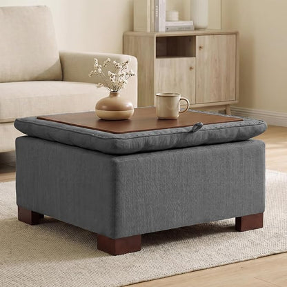 24 Inch Square Storage Ottoman Coffee Table, Modern Tufted Upholstered Ottoman with Flip Tray and Solid Wood Legs, Suitable for Living Rooms, Linen Grey