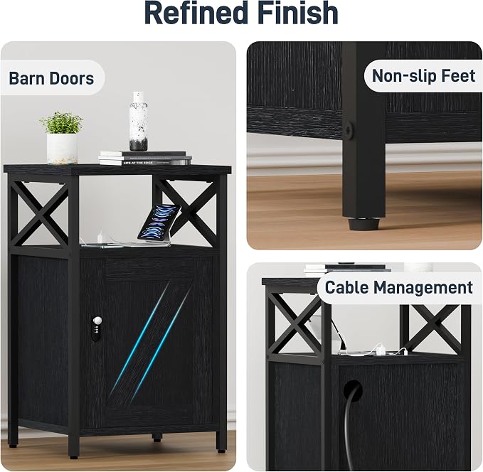 Night Stand Set 2, Bedroom Nightstands, Matching Bedside Tables, Black | Lock and Charging Station with USB C Port, Large Lockable Storage Cabinet, End Table with Door, Metal and Wood Bed Side Table