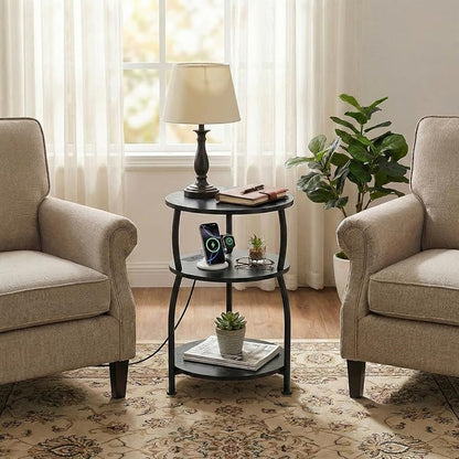 Round Side Table with Power Outlet & USB Ports, 3-Tier End Table with Storage Shelf, 15.7" Wide Nightstand for Small Spaces, Tall Bedside Table Capable of Charging Laptops & Phones, Black