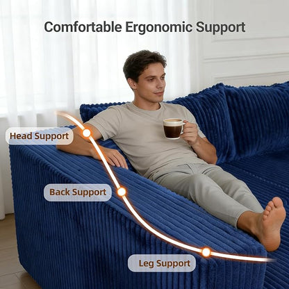 128" U-Shaped Modular Sofa, Modern Cloud Couch with Double Chaise, Sectional Boneless Couch with Pillows, Deep Seat Sofa for Living Room Bedroom, No Assembly Required, Blue