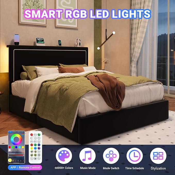Allewie Queen Size Lift Up Storage Bed Frame with Charging Station & LED Lights, Adjustable Velvet Upholstered Storage Headboard, Type-C & USB Ports, Hydraulic Support, No Box Spring Needed, Black
