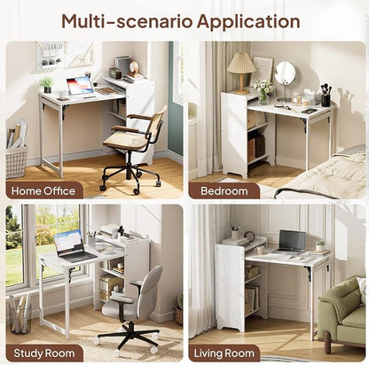 Bamboo Folding Desk with Storage, Space-Saving Foldable Computer Desk for Small Spaces, Writing Study Table for Home Office, Bedroom, Dorm, Apartment,Dark Brown