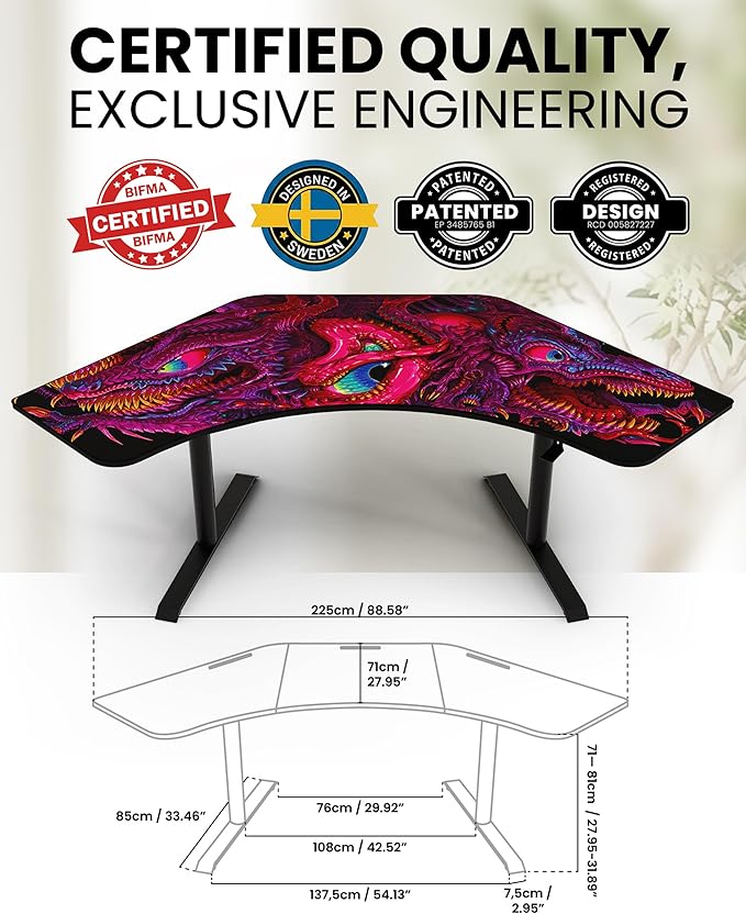 Arozzi Arena Angelo L Shaped GamingDesk, PC Gaming Desk L Shape, Height Adjustable L Shaped StandingDesk for Home Office, ComputerDesk with Full Coverage Mouse Pad (Crawling Chaos)