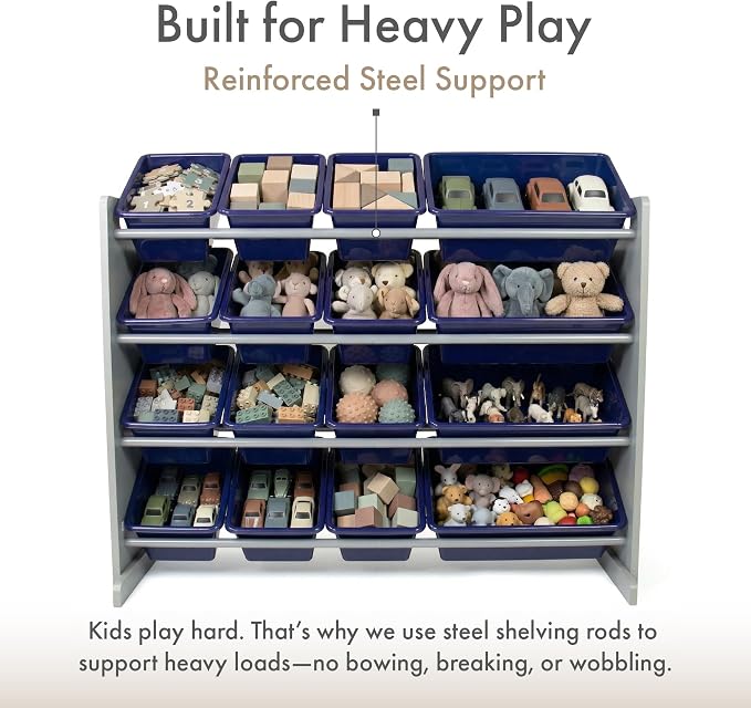 Humble Crew Toy Storage Organizer with 16 Removable Storage Bins for Kids Playroom, 4-Tier Toddler Toy Organization, Grey/Navy