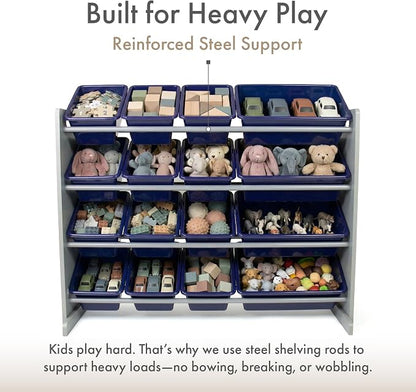 Humble Crew Toy Storage Organizer with 16 Removable Storage Bins for Kids Playroom, 4-Tier Toddler Toy Organization, Grey/Navy