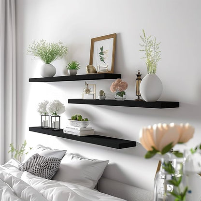 YYWUOJJ Wood Floating Shelves for Wall Decor, Rustic Wall Shelves for Bedroom Bathroom Kitchen Living Room, Set of 4 Black 36 Inch