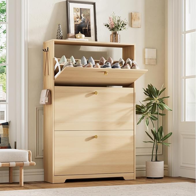 Nicetree Shoe Storage Cabinet, Slim Shoe Cabinet, Hidden Shoe Rack Cabinet, Shoe Storage Cabinet for Entryway, Hallway, Foyer, Natural Oak