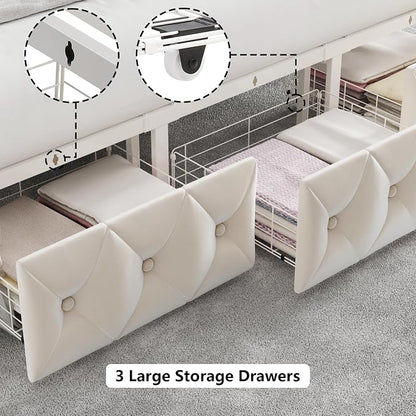 Keyluv King Upholstered Canopy Bed Frame with 3 Storage Drawers & Button Tufted Headboard, Metal Platform Bed with 4 Removable Posts, Two-Purpose Velvet Bed, Beige/Curtain Not Included