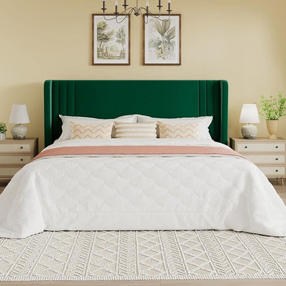 SHA CERLIN King Size Velvet Upholstered Platform Bed Frame with Vertical Channel Tufted Wingback Headboard, Wooden Slats Support, Easy Assembly, Under Bed Storage, No Box Spring Required, Green