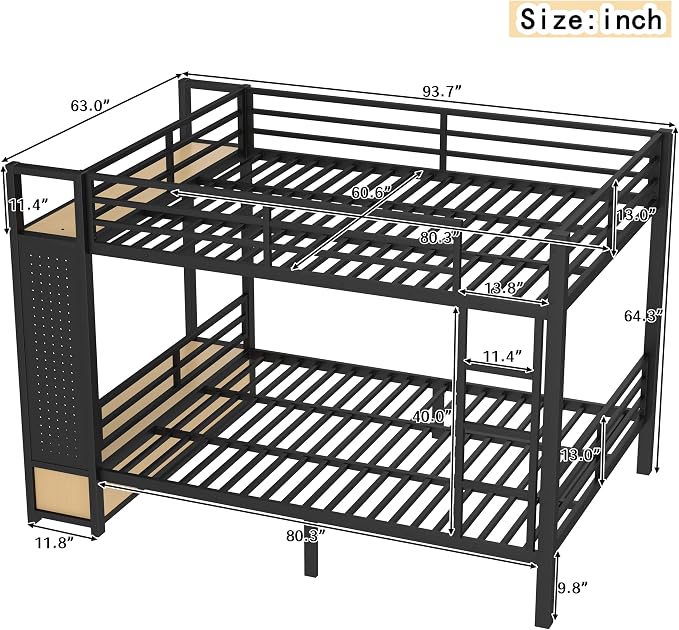 Bellemave Bunk Bed Queen Over Queen,Metal Bunk Beds with Shelf and Guardrails and Storage Drawers and Clothes Hooks for Kids, Teens & Adults（Black）