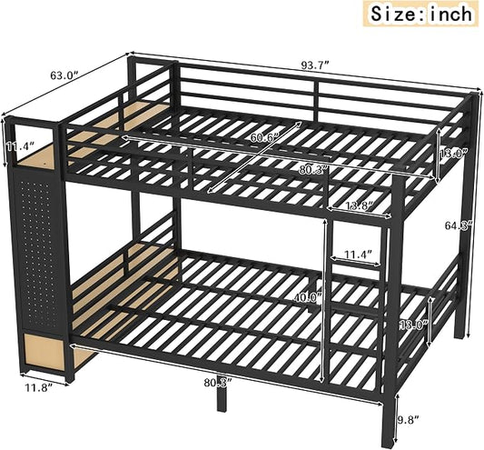 Bellemave Bunk Bed Queen Over Queen,Metal Bunk Beds with Shelf and Guardrails and Storage Drawers and Clothes Hooks for Kids, Teens & Adults（Black）