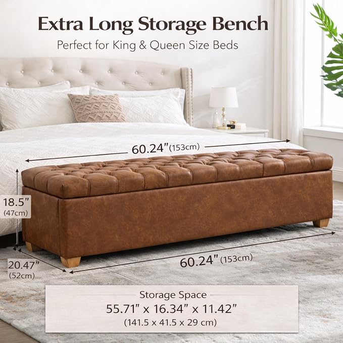 60.2" Storage Bench, End of Bed Storage Benches, PU Fabric Upholstered Ottoman Bench with Safety Hinge for Living Room Entryway Bedroom Hallway
