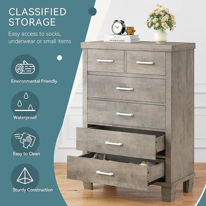 Garvee Dresser for Bedroom with 6 Drawers, 45 in Tall Grey Dressers & Chests of Drawers with Storage, Wooden Storage Organizer Dressers for Closet, Large Drawer Dresser for Living Room, Entryway