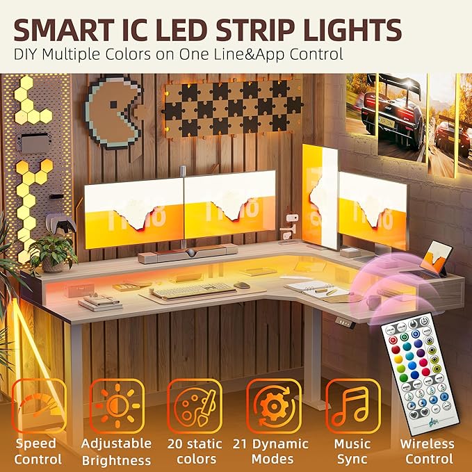 TIQLAB 63'' L-Shaped Standing Desk with LED Light Strip and Power Outlet, Height Adjustable Corner Table with Ergonomic Monitor Stand, Light Walnut