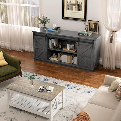 YESHOMY TV Stand for Televisions up to 65 Inches, with Sliding Barn Doors and Storage Cabinets, Console Table and Media Furniture for Living Room, 58 Inch, Gray