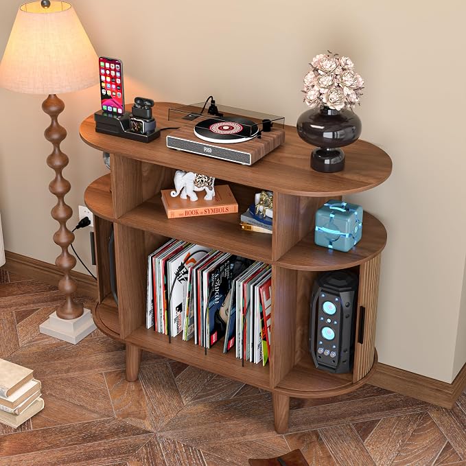 LUVIOHOME Large Round Record Player Stand with Charging Station & USB Ports，Record Storage Cabinet, Mid Century Modern Turntable Stand for Bedroom Living Room (Small Brown)