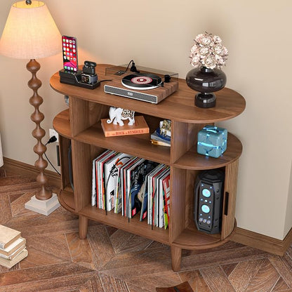 LUVIOHOME Large Round Record Player Stand with Charging Station & USB Ports，Record Storage Cabinet, Mid Century Modern Turntable Stand for Bedroom Living Room (Small Brown)