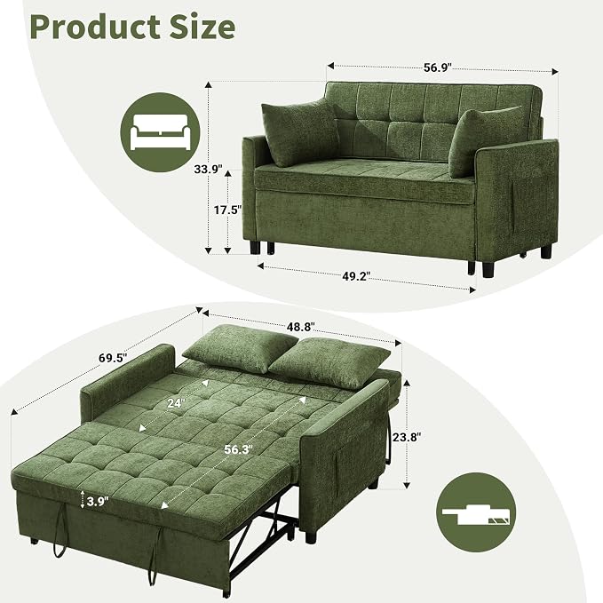 Tbfit 57" Loveseat Sleeper Convertible Sofa Bed, Futon Couch with Pullout Bed, USB & Adjustable Backrest, Chenille Full Size Pull Out Couches for Living Room, Apartment, Office, Dorm, RV, Green