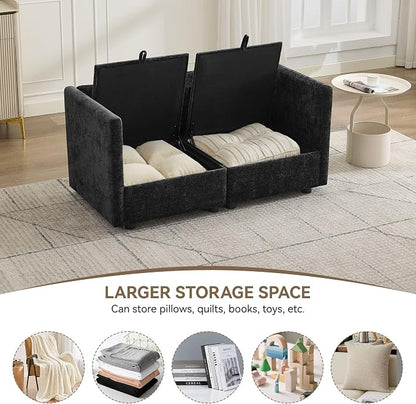 55" Modular Loveseat Sofa with Storage, Upholstered Cloud Sofa Small Love Seat Couch, Modern Sectional Comfy 2 Seater Chenille Couch with Armrests for Living Room, Small Space, Black