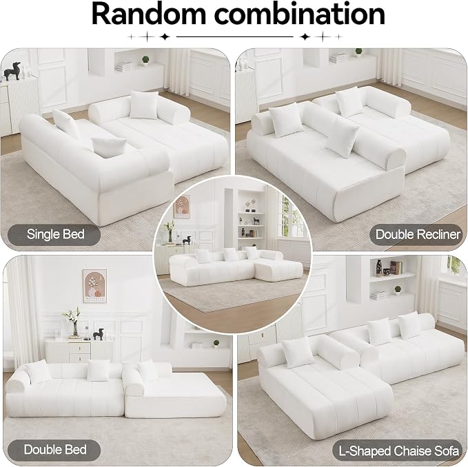 119'' Curved Boneless Sofa Couch, 3 Seat Cloud L Shaped Deep Seat Couches for Living Room, No Assembly Modular Sofa with Right Chaise Lounge, White