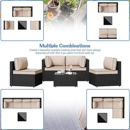 Patio Furniture Sets, 5 Piece Outdoor Sectional Sofas, Wicker Rattan Outdoor Furniture Patio Conversation Set, All-Weather PE Rattan Outdoor Couch for Backyard, Garden, Black & Khaki