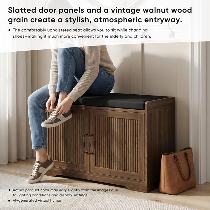Entryway Shoe Storage Bench with Upholstered Seat, Double Door Cabinet, Adjustable Shelving, Slatted Front, Engineered Wood Organizer for Hallway, Foyer, Mudroom, Bedroom, Walk-In Closet (Walnut)