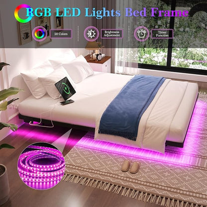 Awesofurni Floating Bed Frame Queen Size with LED Lights and Charging Station, Heavy Duty Modern Metal Platform Bed No Box Spring Needed - Easy Assembly and Noise Free