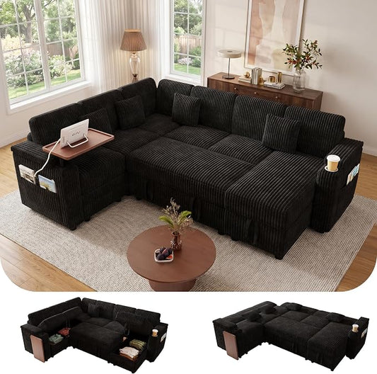 L-Shaped Sectional Sleeper Sofa with Pull Out Bed, Black | Plush Corduroy, Reclining Backrest, Storage Chaise, Usb Ports, Cup Holders & Table – Modular Cloud Couch for Living Room